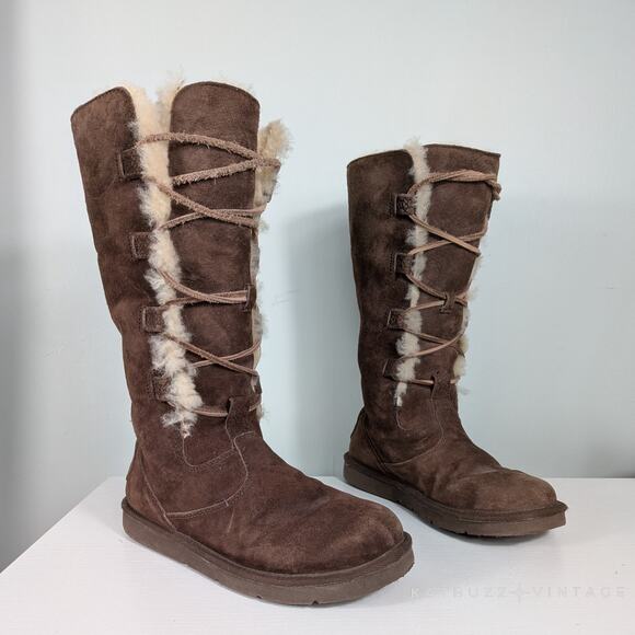 Ugg Whitley Tall Boots 8 Brown Suede Lace Up Boho Shearling Fur Knee Sheep Ski - Picture 1 of 13